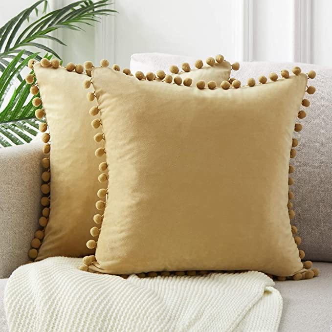 Velvet Pom Pom Cushion Covers 2 Pack Khaki