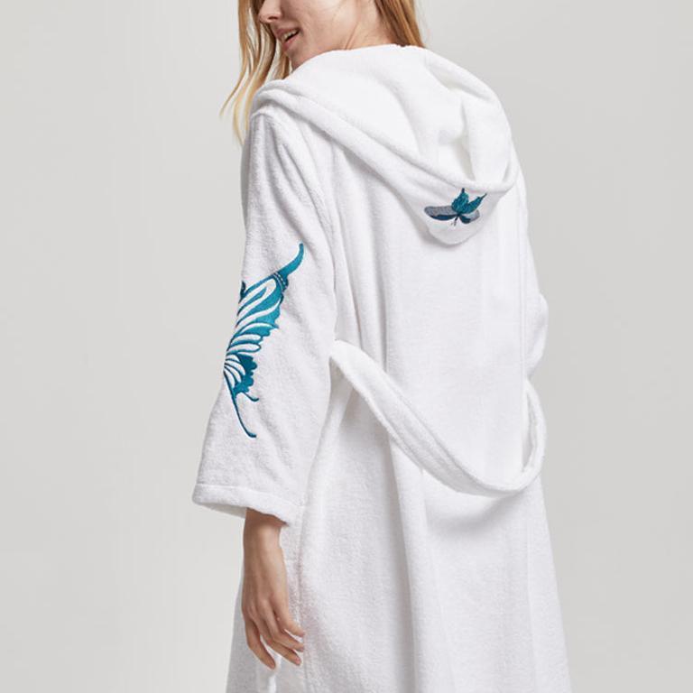 Cotton Hooded Bathrobe With Batterfly Embroidery - 3 Colors Ocean