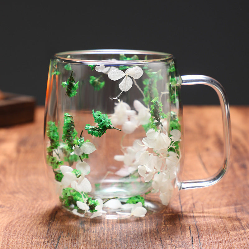 Dried Flower Glass Mug Double Wall Green 13oz (390ml)