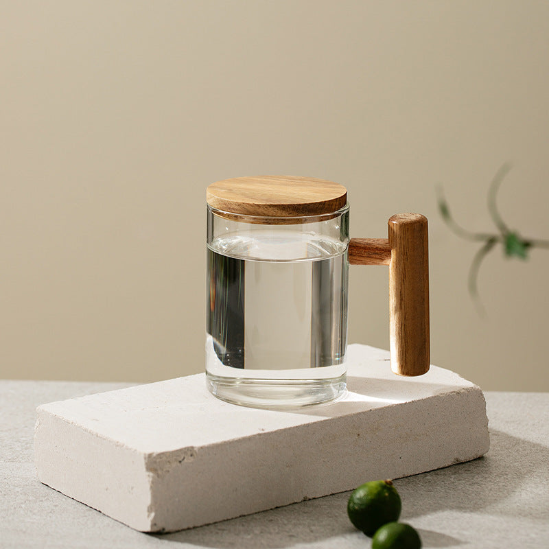 Borosilicate Glass Tea Cup - Wood Handle & Lid Clear 13.5oz