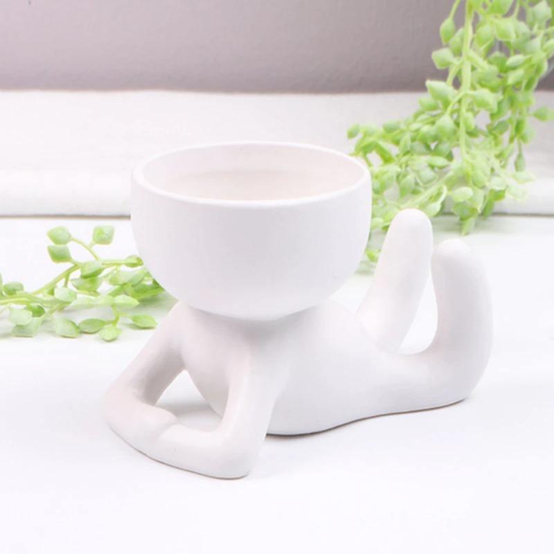 Petite Person Clay Succulent Planter Laying on Tummy White