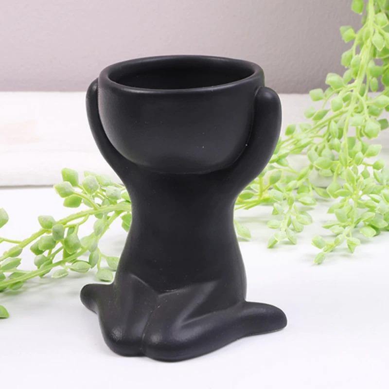Petite Person Clay Succulent Planter Sitting on Knees Black