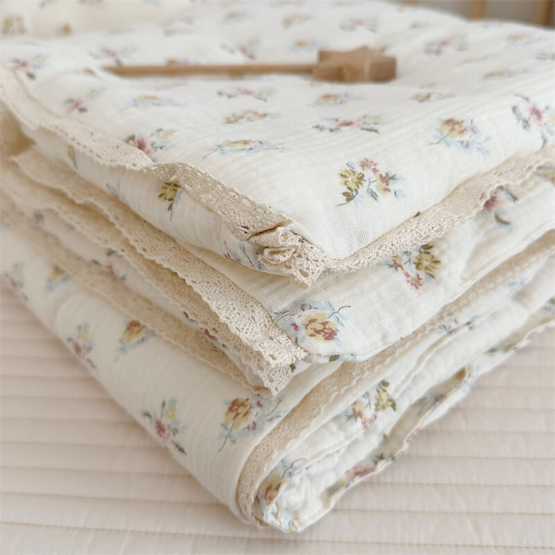 Azalea Floral Baby Quilt – Cotton Muslin with Lace Trim