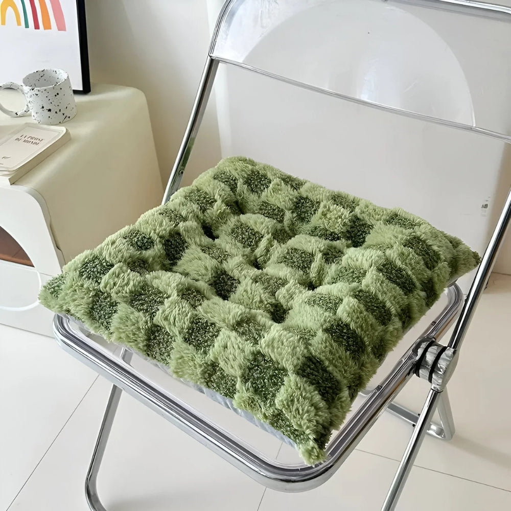 Fuzzy Checkered Fur Padded Cushion Green 16"x16"