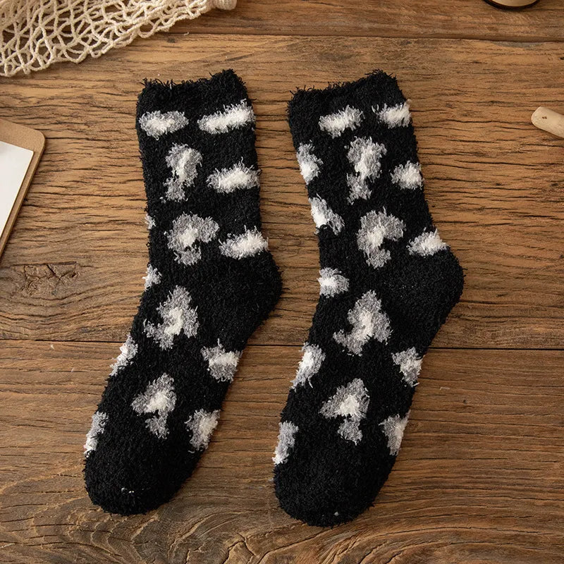 Fuzzy Leopard Print Plush Socks Black One Size (Women)