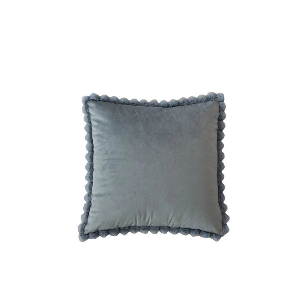 Velvet Pom-Pom Trim Cushion Cover Grayish Blue 18"x18"