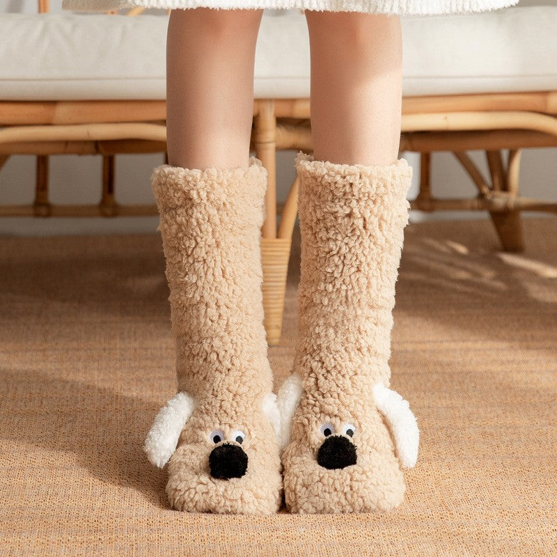 Women's Fuzzy Dog Plush Socks Beige One Size (Women)
