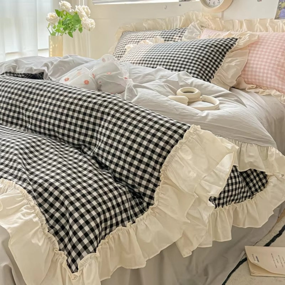 Gingham Check Ruffled Edges Bedding Set Noir Gingham