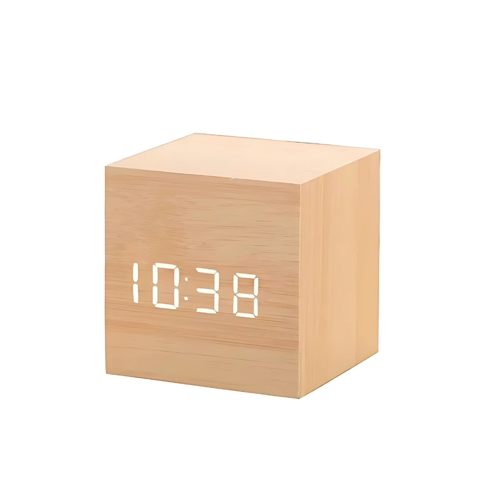 Modern Cube LED Alarm Clock Light Wood