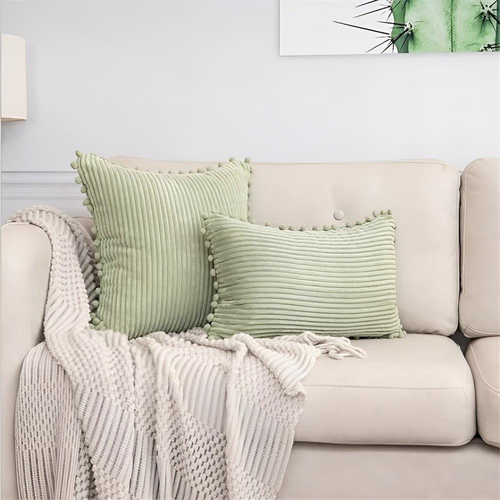 Plush Ribbed Pom-Pom Cushion Cover Green