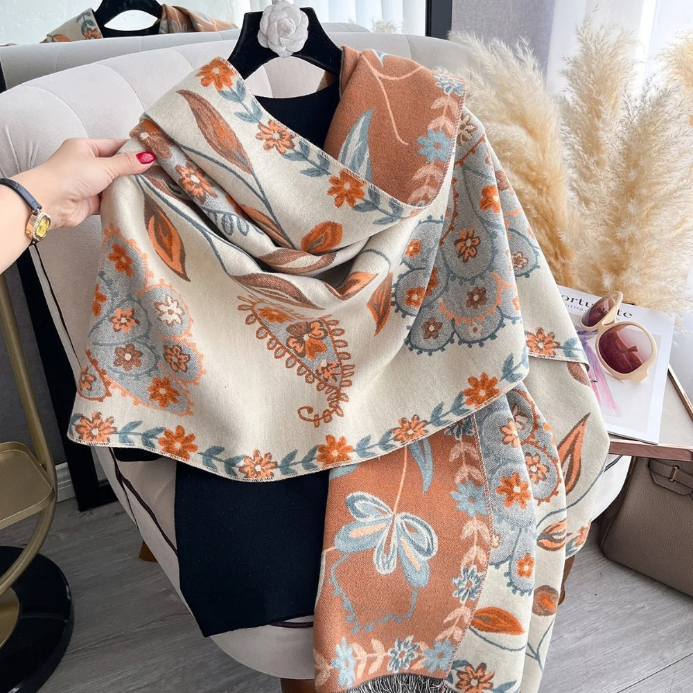 Elegant Double-Sided Floral Winter Shawl Scarf Orange Bloom