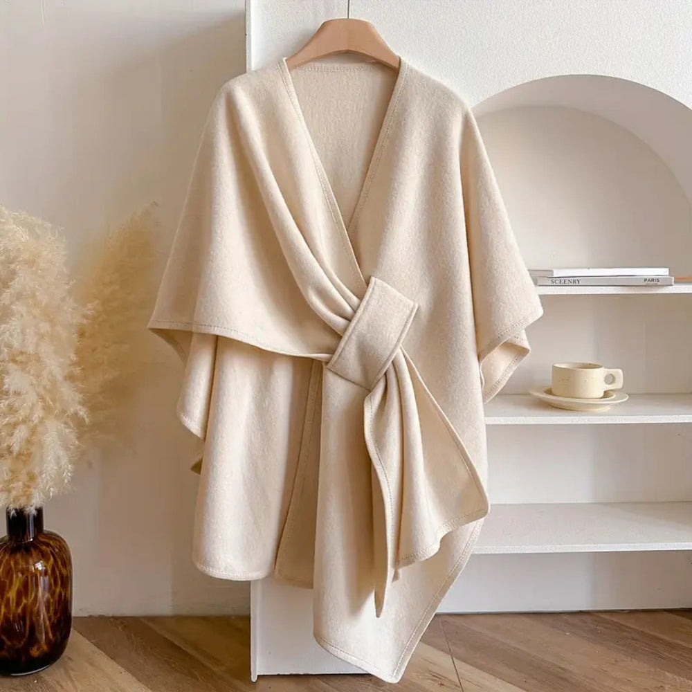 Luxurious Poncho Windproof Shawl Coat Ivory