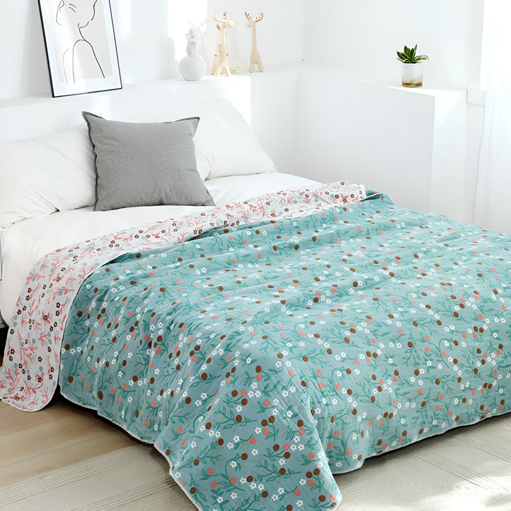 Leafy Floral Cotton Gauze Blanket Mint Meadow