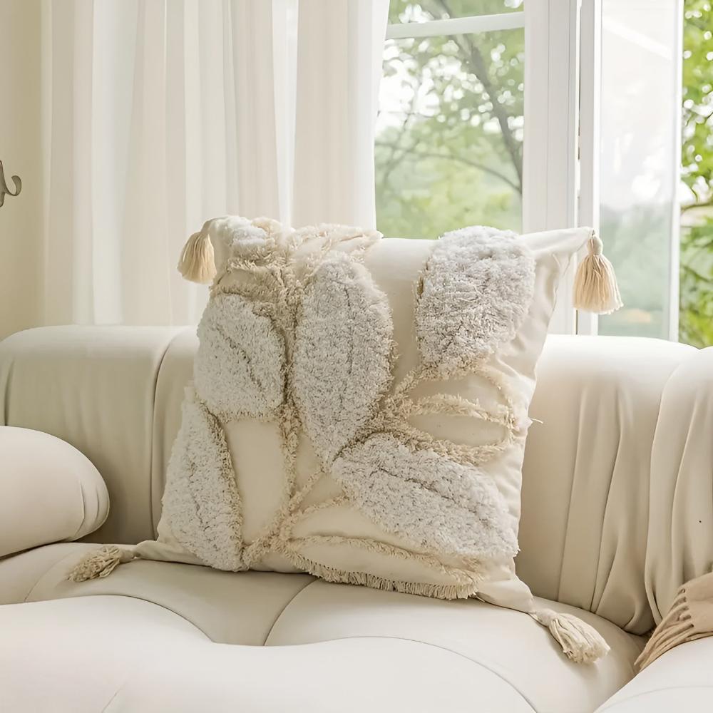 Plush Leaf With Tassel Cushion Cover Palm Ivory