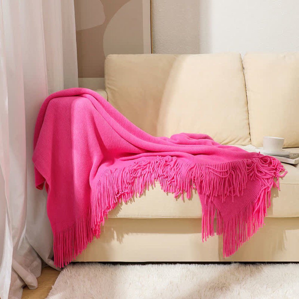 Chunky Knit Tassel Blanket Rose Red