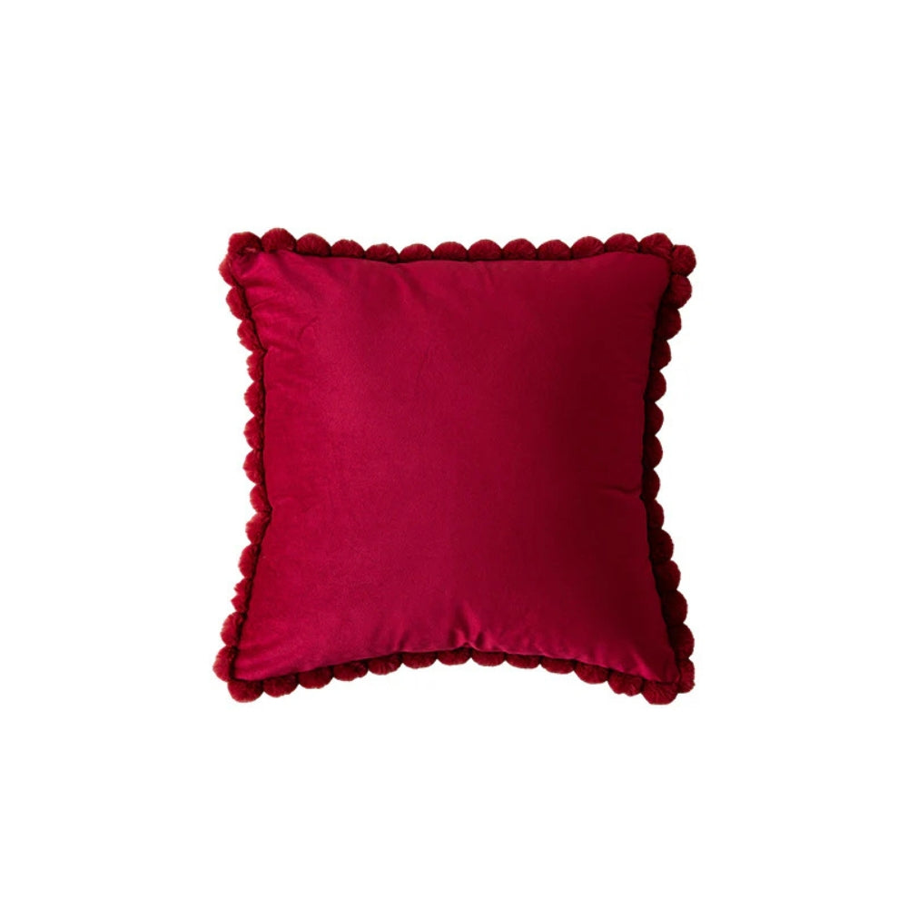 Velvet Pom-Pom Trim Cushion Cover Burgundy 18"x18"