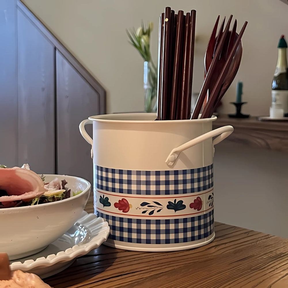 Floral Utensil Storage Basket with Divider Lid Gingham Blue