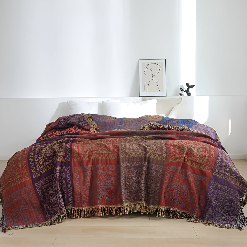 Mandala Tassel Throw Blanket Crimson