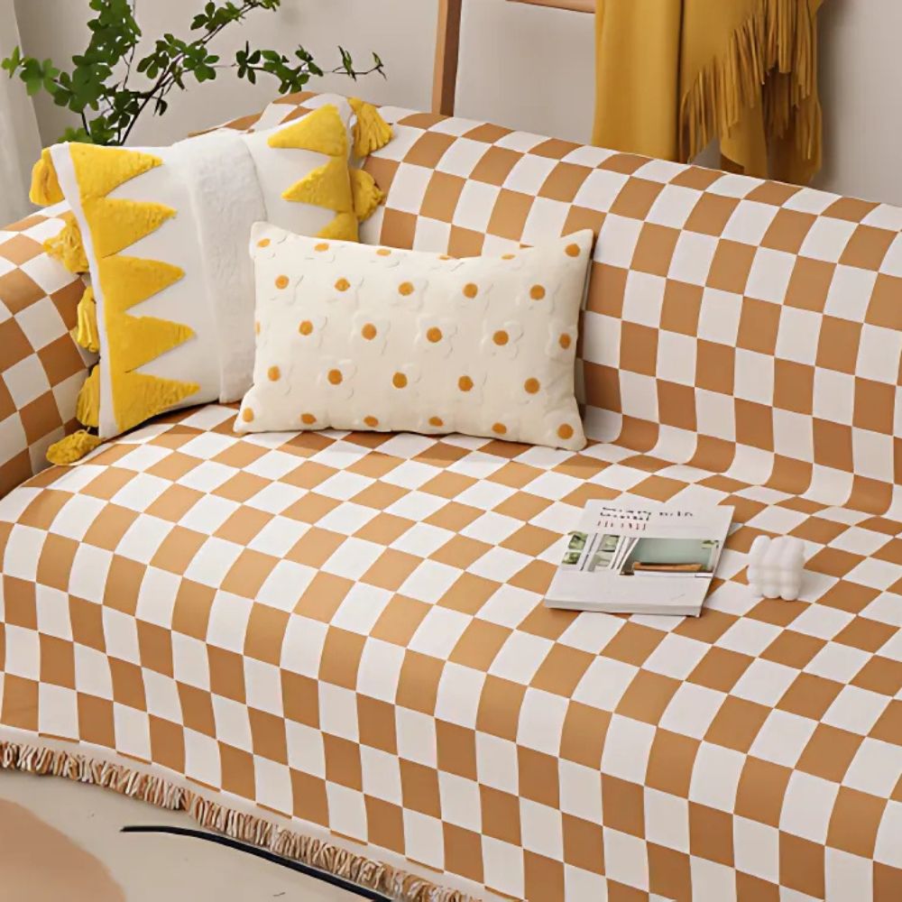 Checkerboard Anti-Scratch Sofa Cover Light Brown