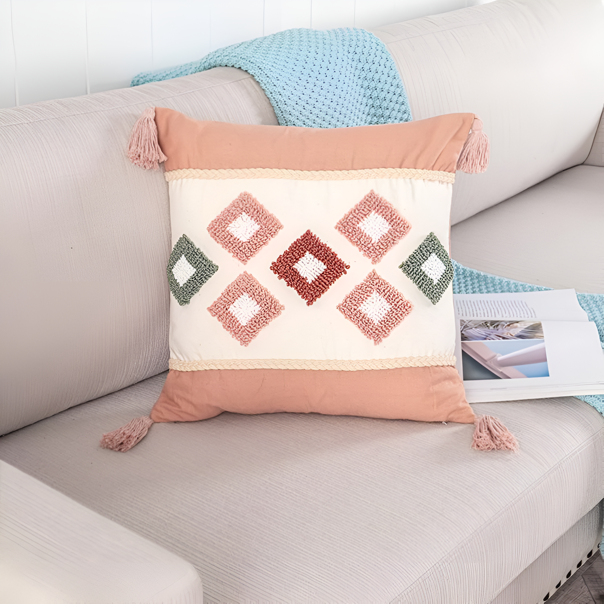Tufted Embroidered Boho Cushion Cover Argyle Euro