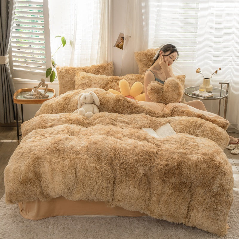 Fluffy Mink Velvet Duvet Cover Set 4pcs Beige