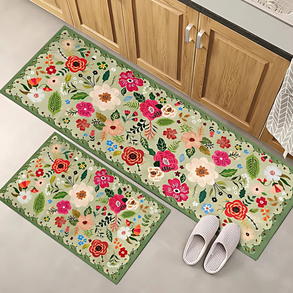Meadow Boho Floral Kitchen Mat Set Sage Bloom