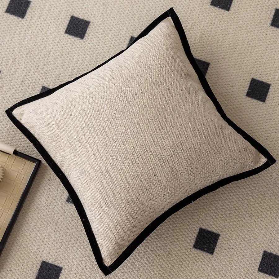 French Vintage-Inspired Cushion Covers Black Edge Oatmeal Color