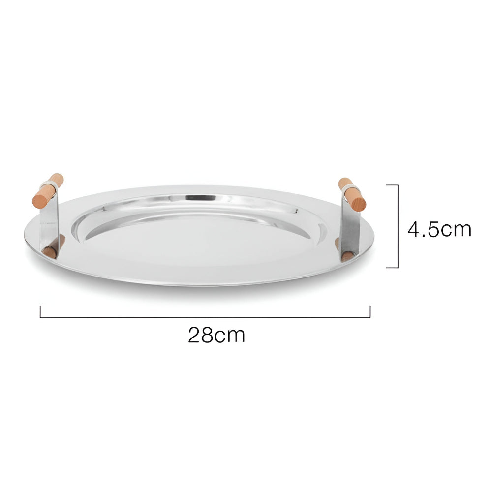 Elegant Stainless Steel Round Tray with Wooden Handles Medium