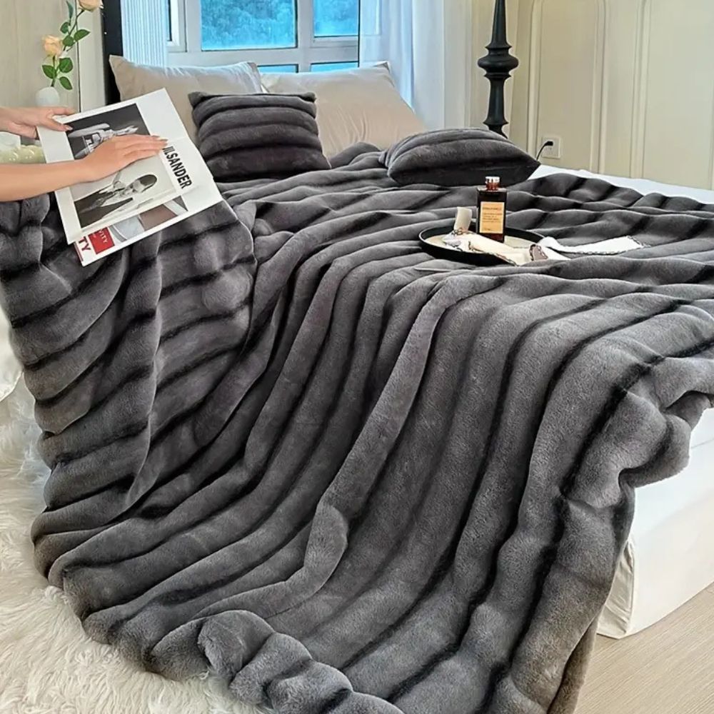 Ruched Faux Rabbit Fur Blanket Midnight Ash