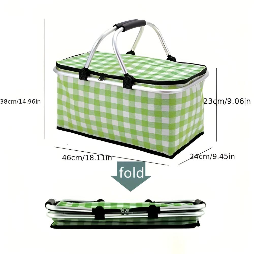 Foldable Checkered Picnic Basket Green Plaid