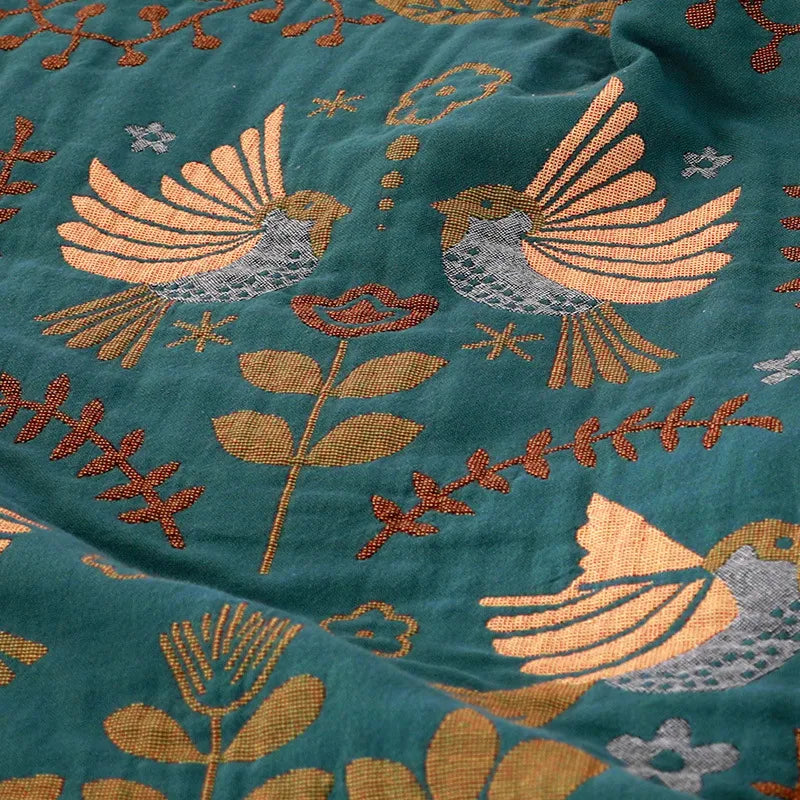 Cotton Throw Blanket - Couch Cover with Reversible Bird Design