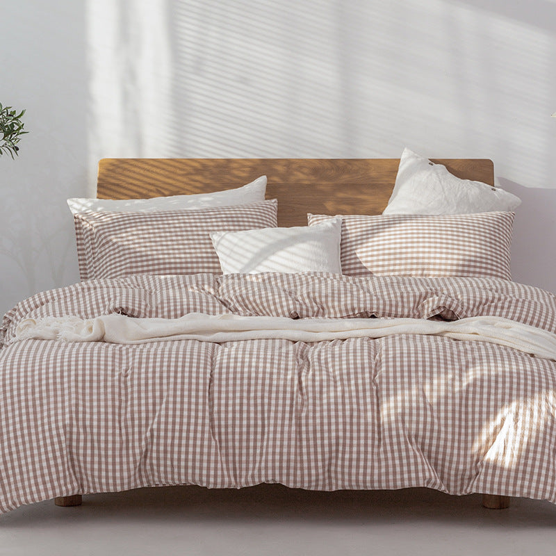 100% Cotton Duvet Cover Set - Japanese Style Pink Plaid
