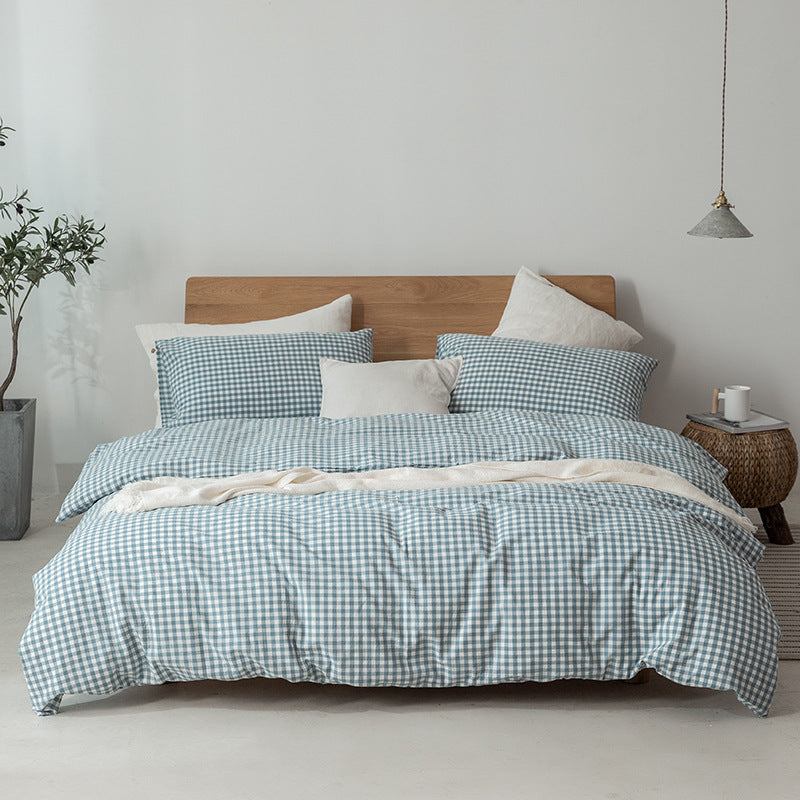 100% Cotton Duvet Cover Set - Japanese Style Blue Plaid