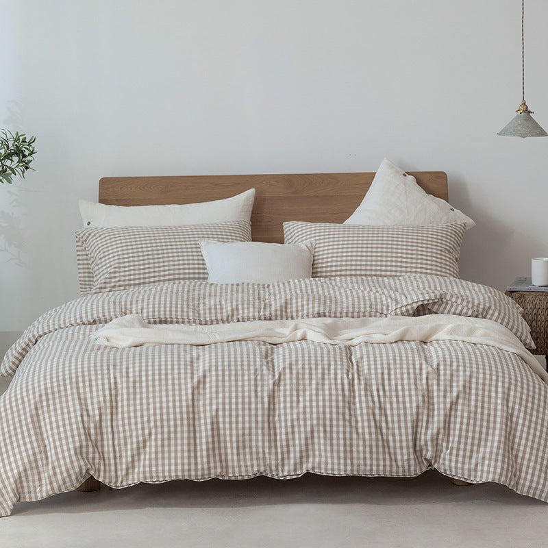 100% Cotton Duvet Cover Set - Japanese Style Beige Plaid