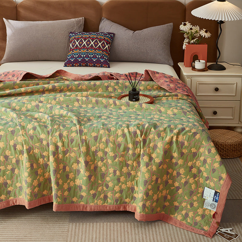 Vine Leaf Cotton Reversible Quilt Green & Pink