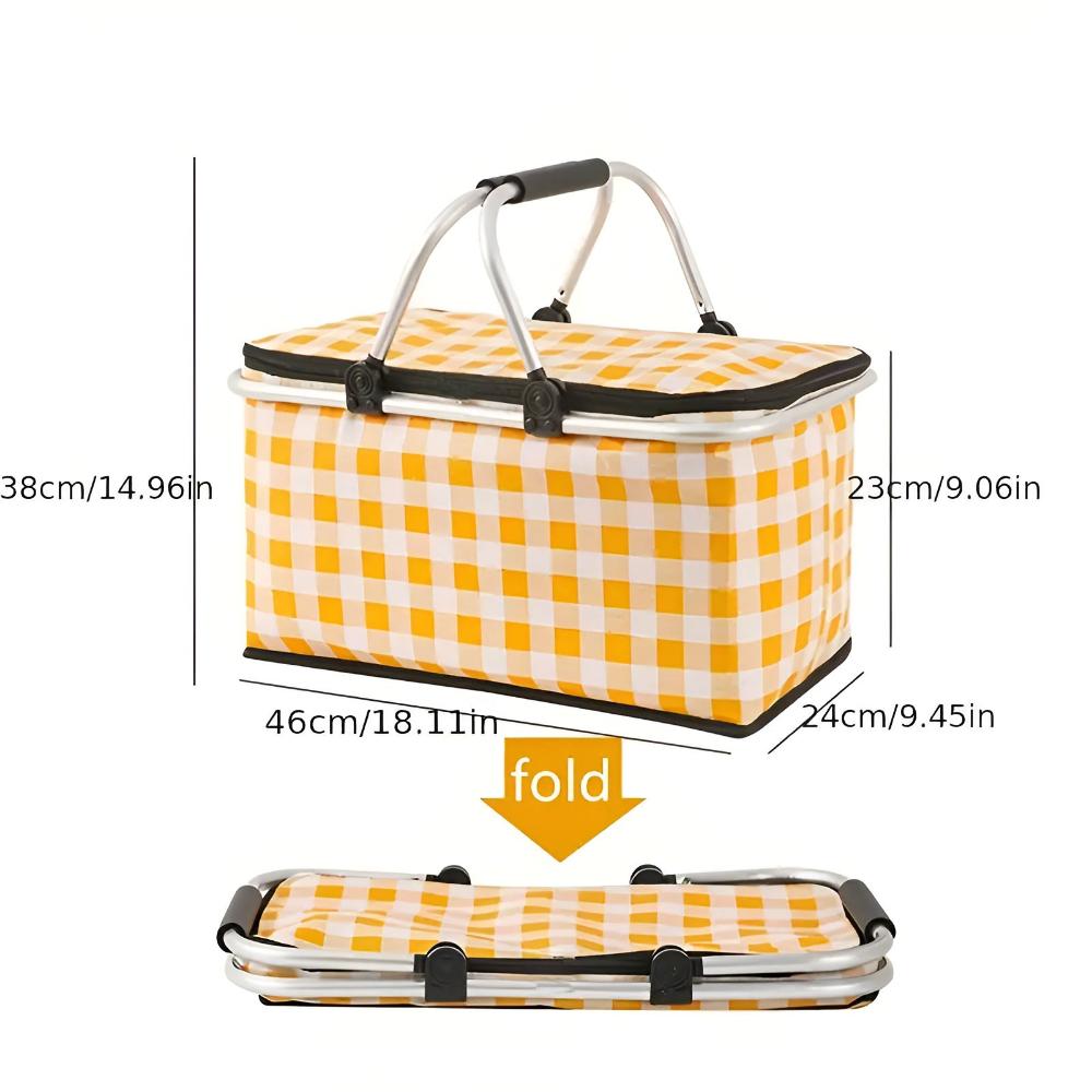 Foldable Checkered Picnic Basket Yellow Plaid