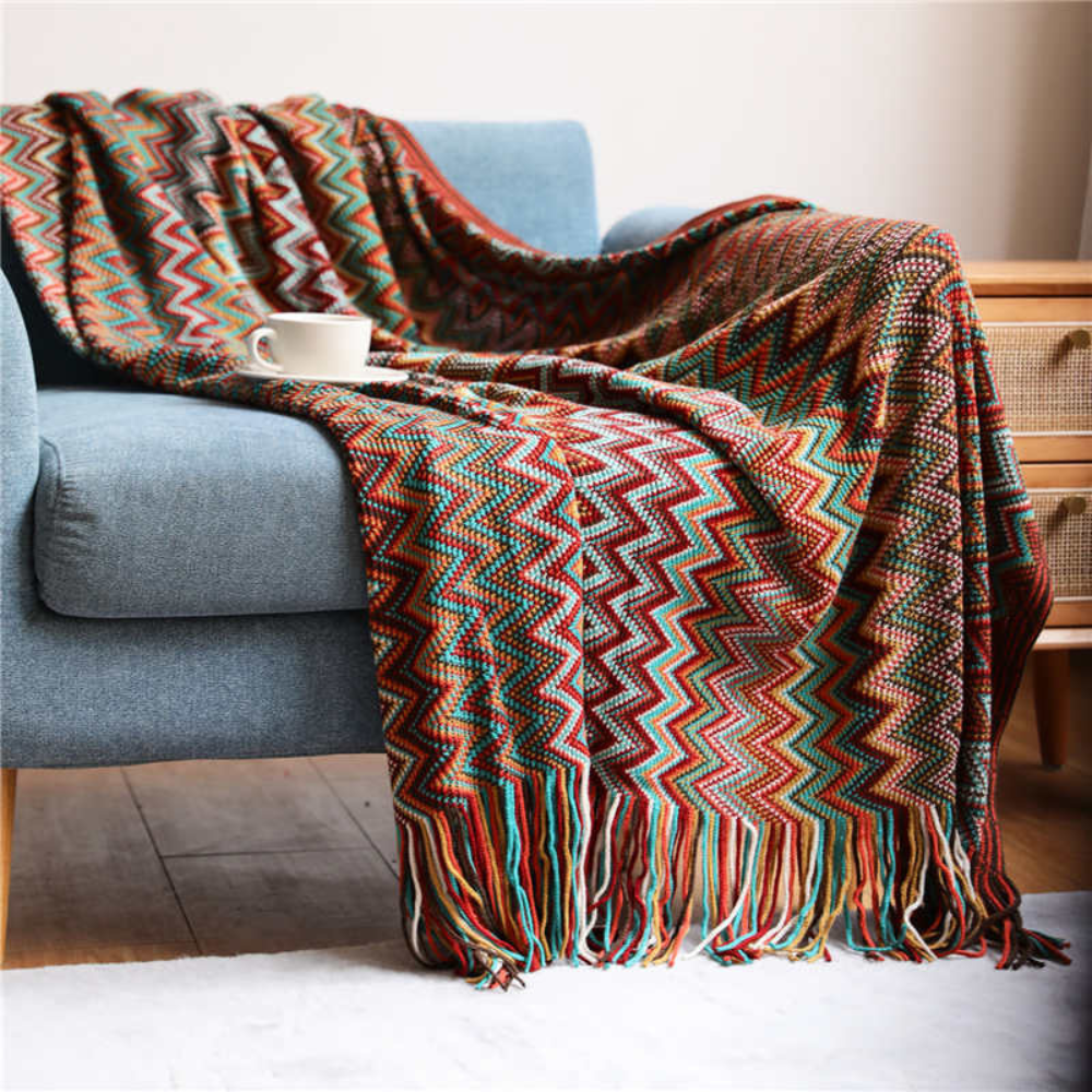 Multicolor Zigzag Tasseled Knit Throw Wine Red