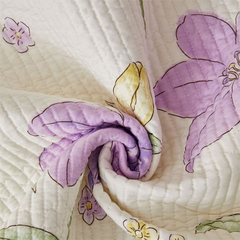Cotton Quilted Bedding Set with Purple Flowers