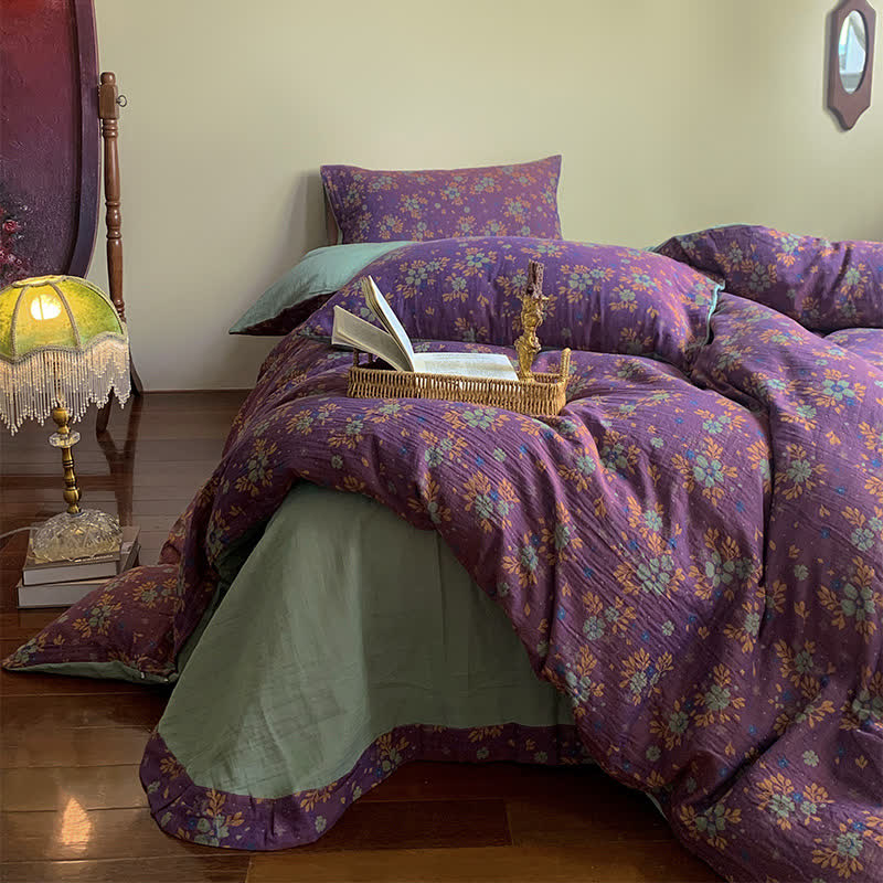 Floral Bedding Set - Lavender Duvet Cover & Flat Sheet (4 PCS) Purple