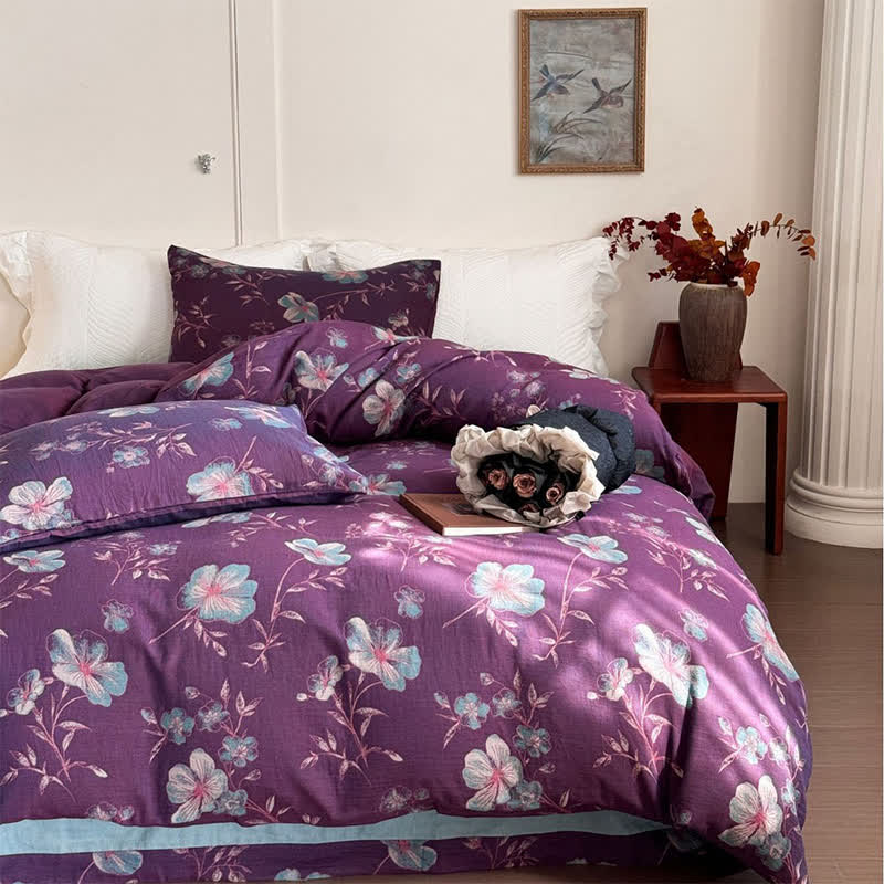 Flower Bedding Set - Cotton Duvet Cover(4 PCS) Purple