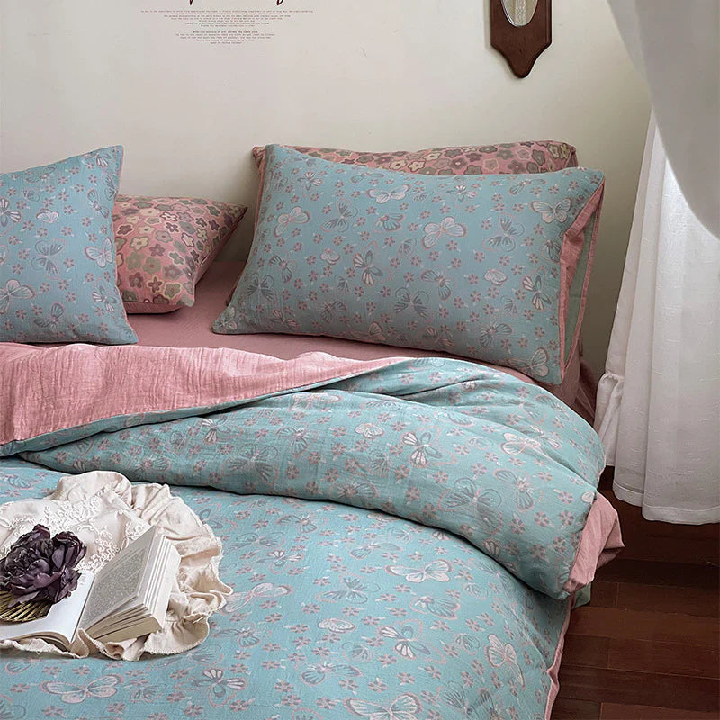 Floral Bedding Set - Lavender Duvet Cover & Flat Sheet (4 PCS) Butterfly