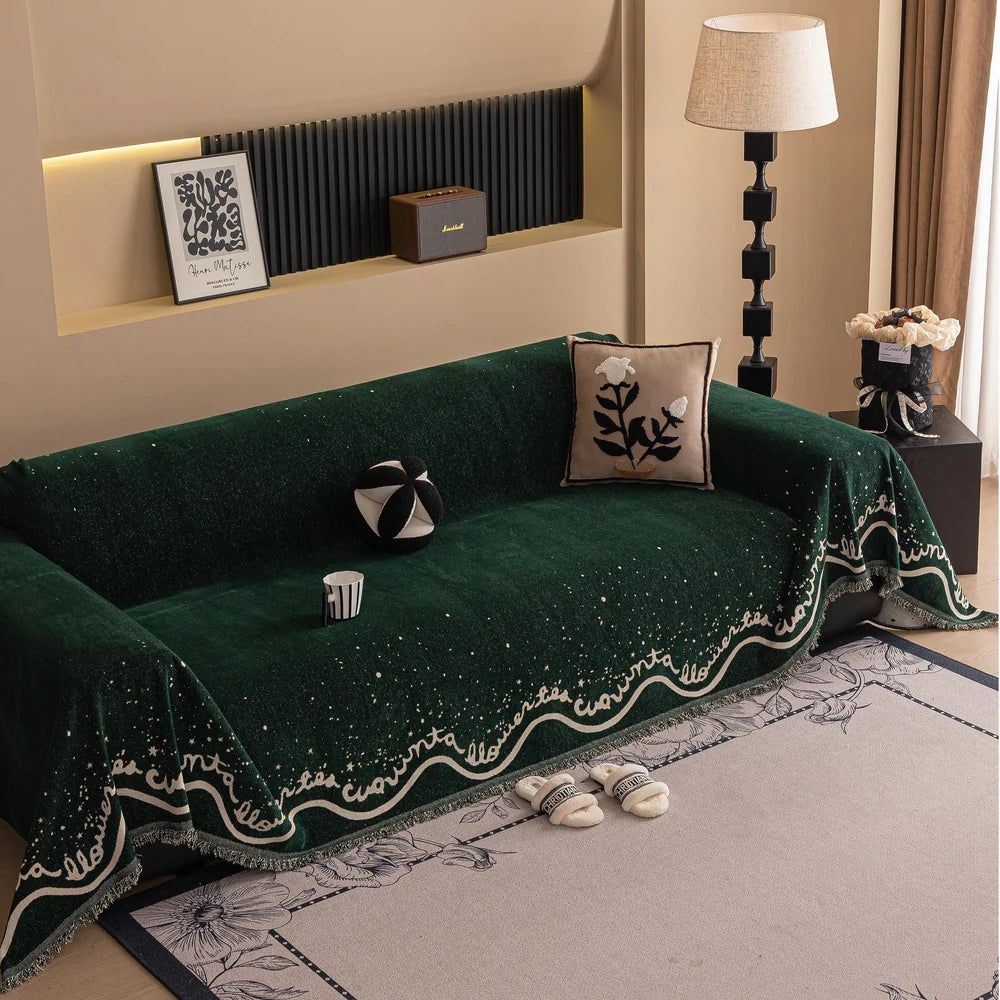 Cursive Glittering Chenille Sofa Cover Emerald Shine