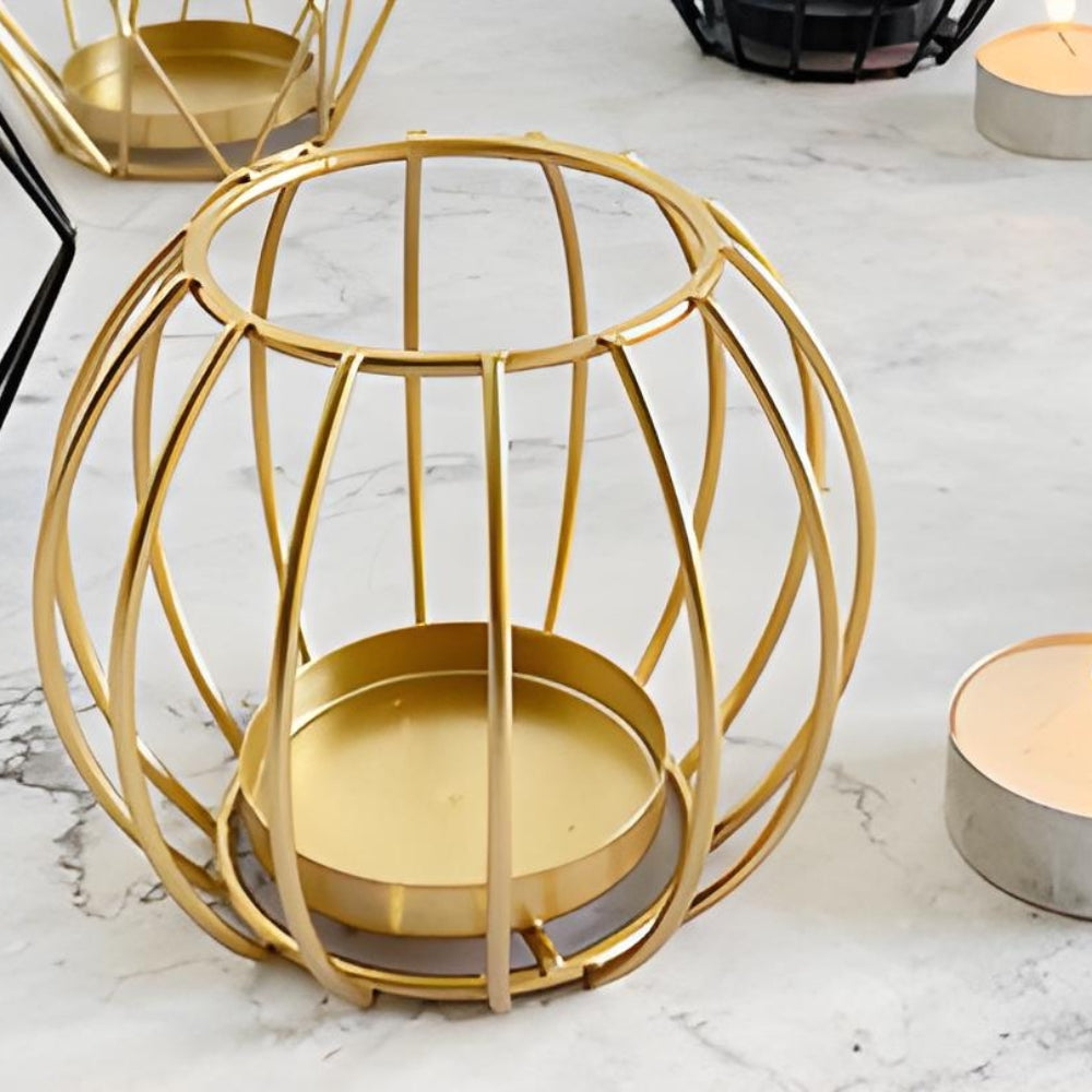 Wireframe Sleek Iron Candle Holder Sculptural Gold