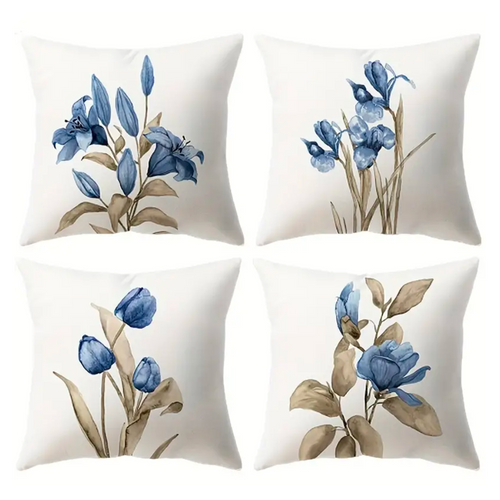 Blue Flowers Cushion Covers 4 Pack Bundle (Save More)