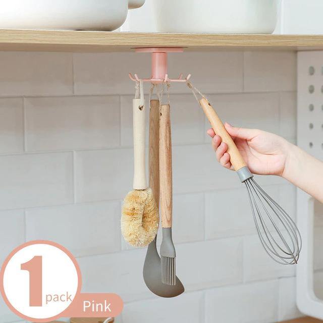Under-Counter Rotating Kitchen Utensil Storage 6-Hook Organizer MistyRose Square