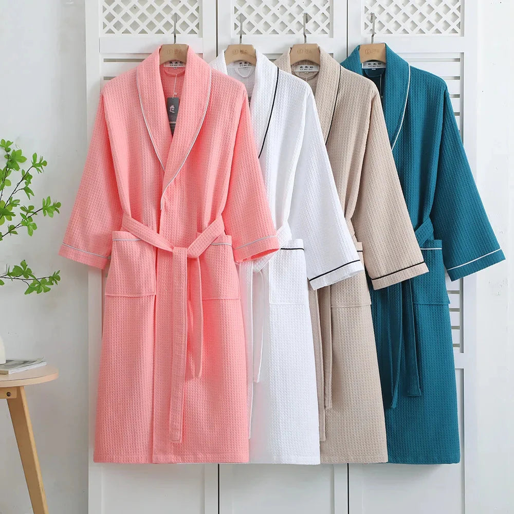 Long Sleeve Waffle Cotton Bathrobe