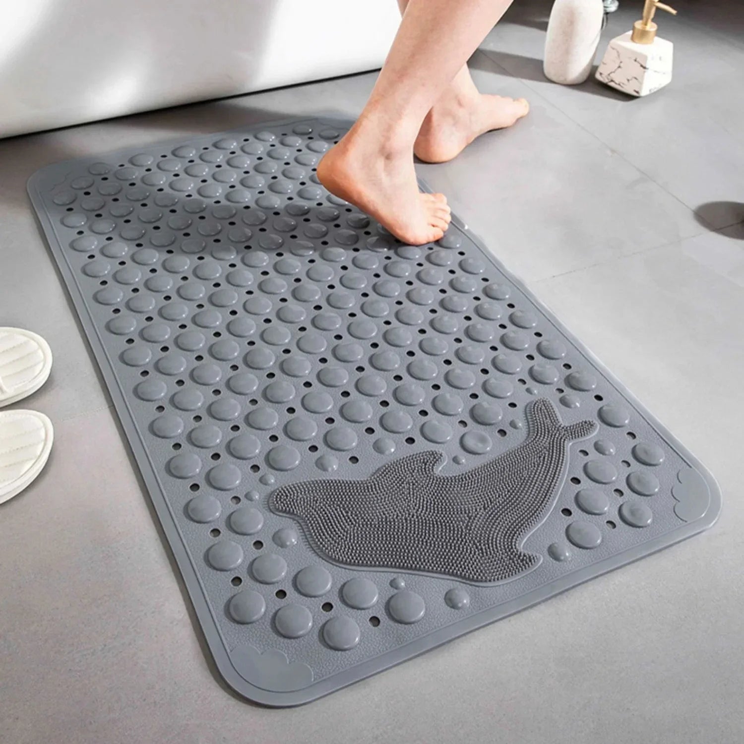 Non-Slip Bathtub Mat with Foot Scrubber Gray