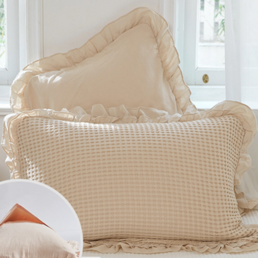 Waffle Weave Cotton Pillowcases with Ruffle (2PCS) Beige 23"x31"