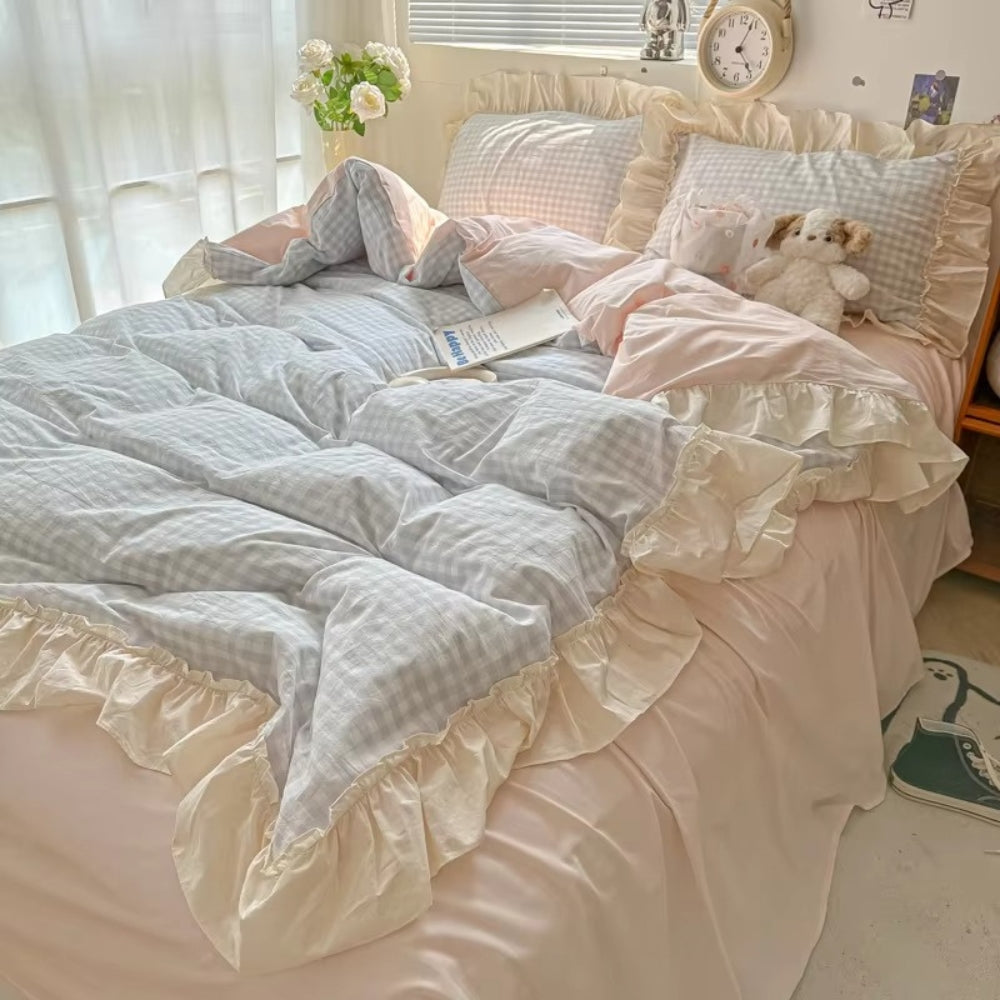 Gingham Check Ruffled Edges Bedding Set Sky Gingham