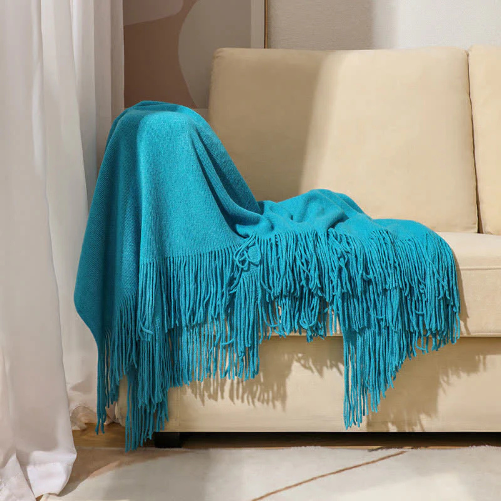 Chunky Knit Tassel Blanket Sapphire Blue